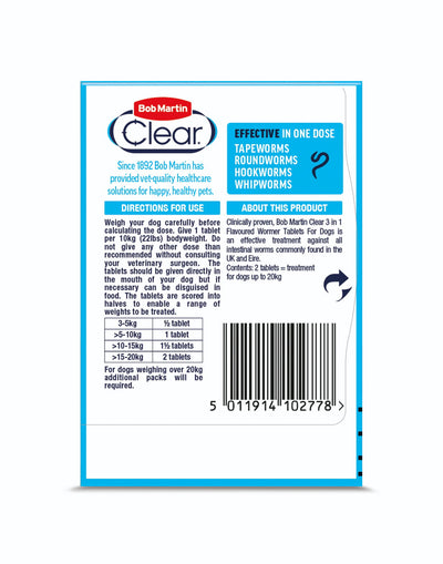 Bob Martin 3 In 1 Dewormer Upto 20kg 2 Tablets