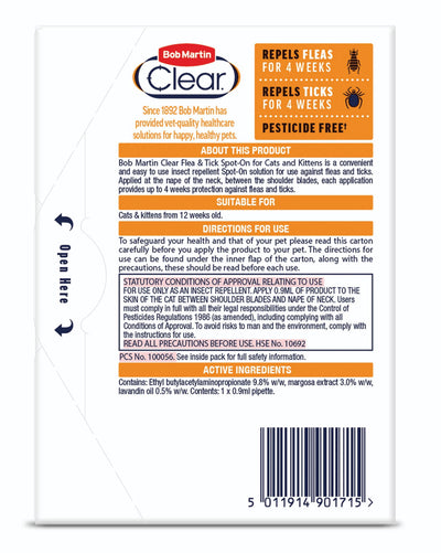 Bob Martin Clear Cat Spot On 4 Weeks Peticide Free