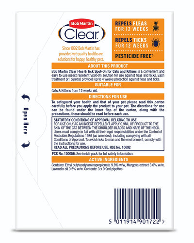 Bob Martin Clear Cat Spot On 12 Weeks Peticide Free