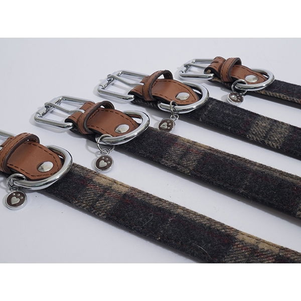 Luxury Leather Collar Tweed Check 3/4" X8-12"
