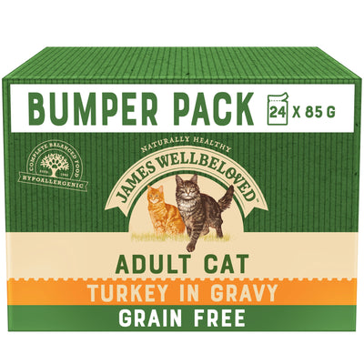 James Wellbeloved Grain Free Adult Cat Wet Food Pouch Turkey in Gravy 24x85g