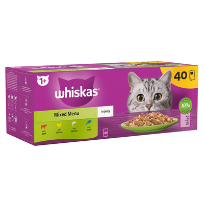 WHISKAS 1+ Mixed Menu Adult Wet Cat Food Pouch in Jelly 40 x 85g