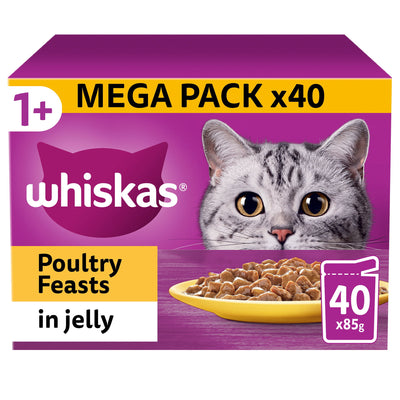 WHISKAS 1+ Poultry Feasts Adult Wet Cat Food Pouch in Jelly 40 x 85g