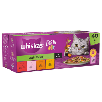 WHISKAS 1+ Chef's Choice Mix Adult Wet Cat Food Pouch in Gravy 40 x 85g