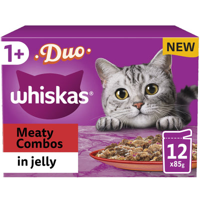 WHISKAS 1+ Duo Meaty Combos Adult Wet Cat Food Pouch in Jelly 12 x 85g