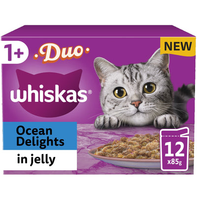 WHISKAS 1+ Duo Ocean Delights Adult Wet Cat Food Pouch in Jelly 12 x 85g