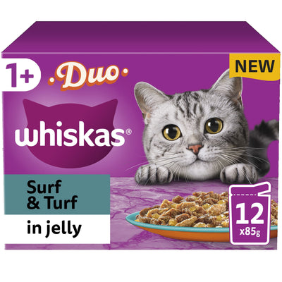 WHISKAS 1+ Duo Surf and Turf Adult Wet Cat Food Pouch in Jelly 12 x 85g