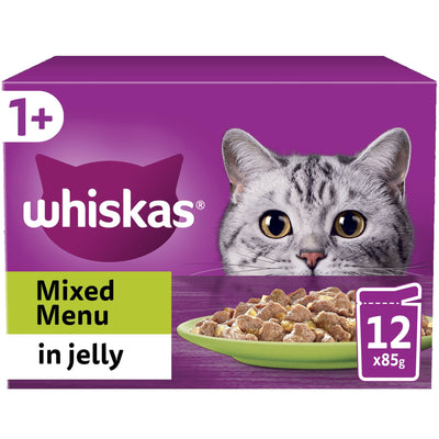 WHISKAS 1+ Mixed Menu Adult Wet Cat Food Pouch in Jelly 12 x 85g