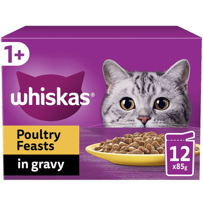 WHISKAS 1+ Poultry Feasts Adult Wet Cat Food Pouch in Gravy 12 x 85g