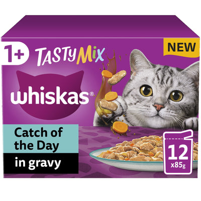 WHISKAS 1+ Catch of the Day Mix Adult Wet Cat Food Pouch in Gravy 12x85g