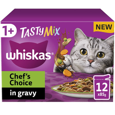 WHISKAS 1+ Chef's Choice Mix Adult Wet Cat Food Pouch in Gravy 12 x 85g