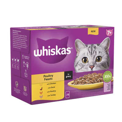WHISKAS 7+ Poultry Feasts Senior Wet Cat Food Pouch in Gravy 12 x 85g