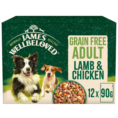 James Wellbeloved Grain Free Adult Wet Dog Food Lamb & Chicken Pouch 12x90g