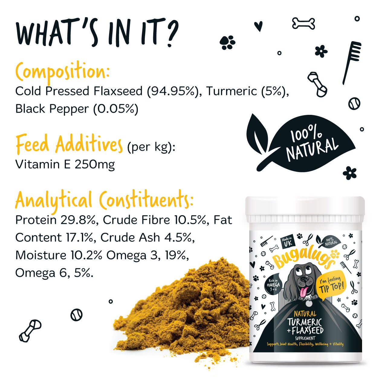 Turmeric & Flaxseed Supplement 200g Pot with spoon