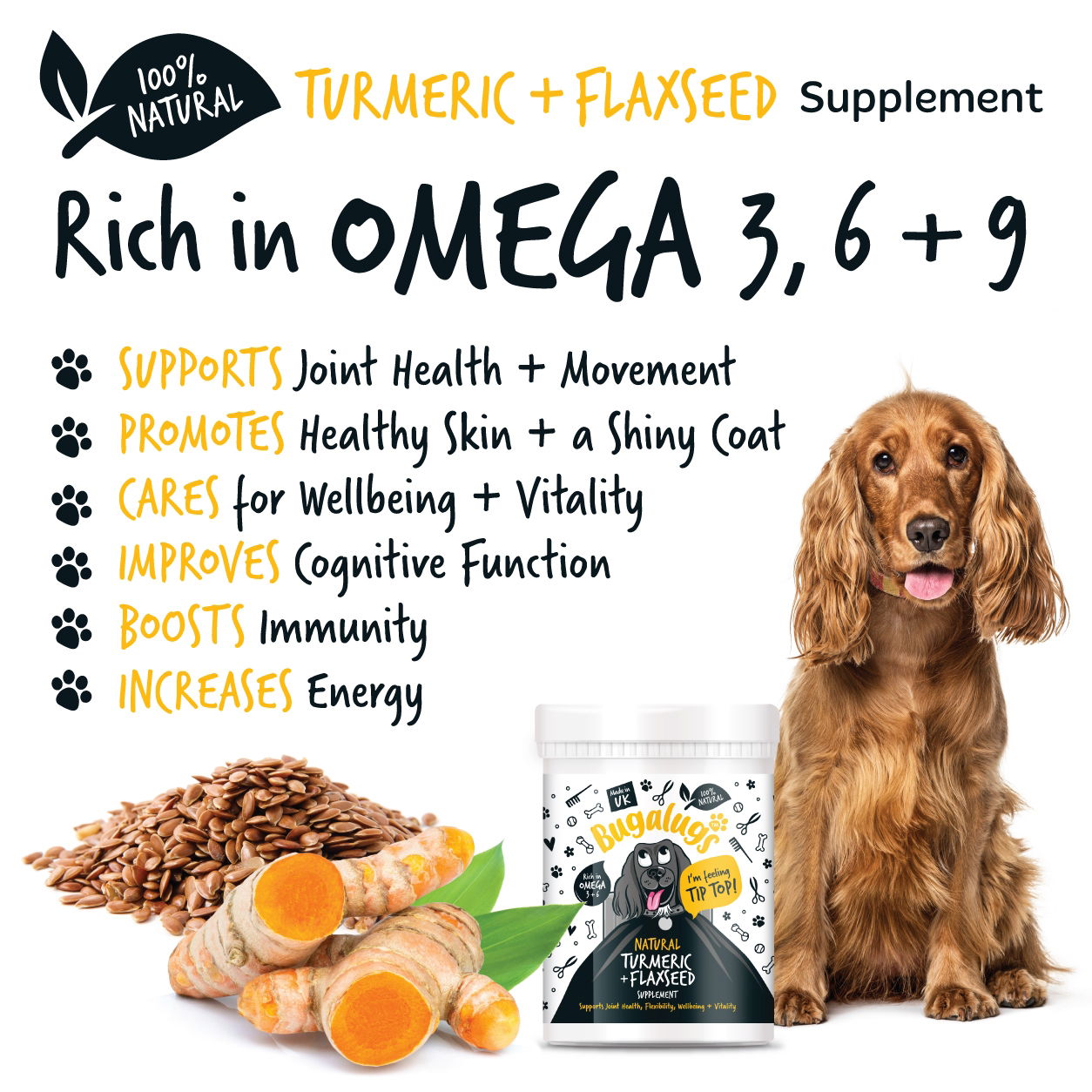 Turmeric & Flaxseed Supplement 200g Pot with spoon