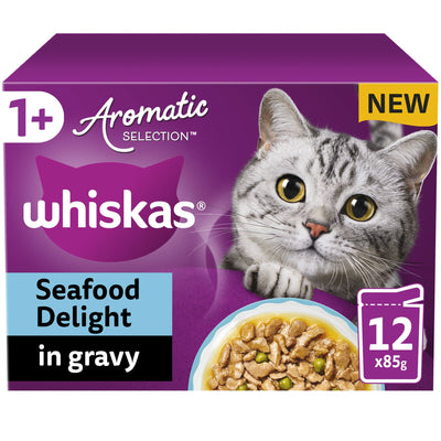WHISKAS 1+ Cat Pouches Aromatic Seafood in Gravy 12x85g