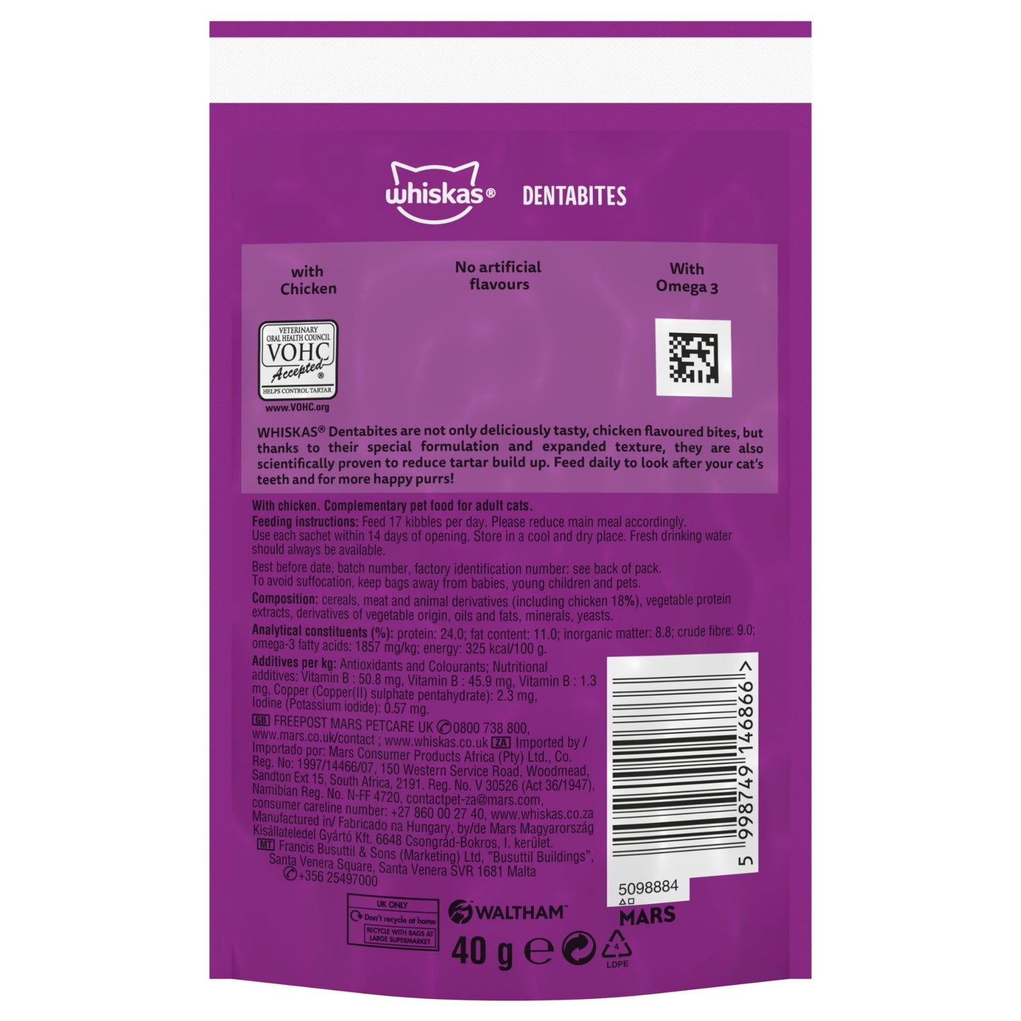 WHISKAS Dentabites Cat Treats with Chicken 40g