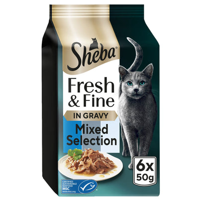 SHEBA Fresh & Fine Cat Pouches with Tuna & Cod & Whitefish in Gravy 6x50g