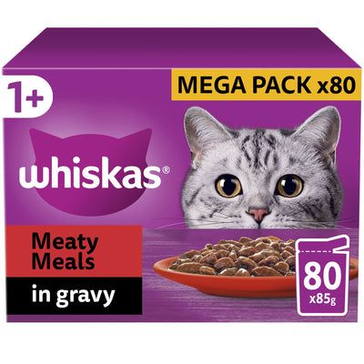 WHISKAS 1+ Cat Pouches Meaty Meals in Gravy 80x85g