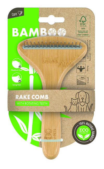 M-PETS Bamboo Rake Comb With Rotating Teeth - 16 Teeth
