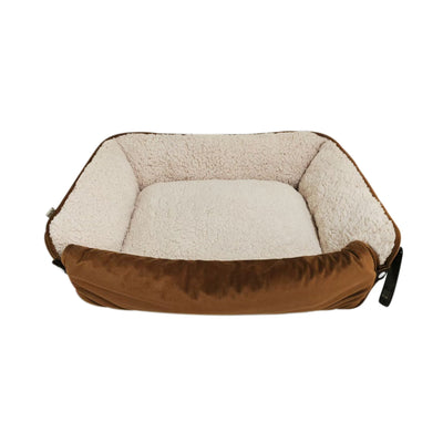 Dream Paws Velvet Dog Sofa Bed With Fold-Out Blanket – Brown