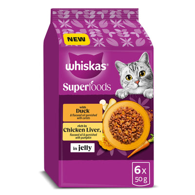 WHISKAS 1+ Cat Pouches Superfoods with Poultry in Jelly 6x50g