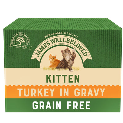 James Wellbeloved Grain Free Kitten Cat Wet Food Pouch Turkey in Gravy 12x85g
