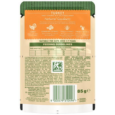 James Wellbeloved Grain Free Adult Cat Wet Food Pouch Turkey in Gravy 12x85g