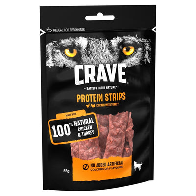 Crave Natural Grain Free Protein Strip Adult Dog Treat Turkey & Chicken 55g