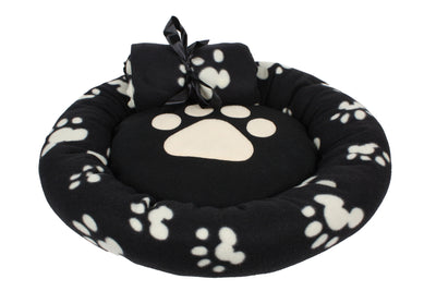 Dream Paws Bed 55cm & Blanket 80cm Black Fleece Pawprint