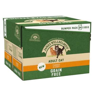 James Wellbeloved Grain Free Adult Cat Wet Food Pouch Turkey in Gravy 24x85g