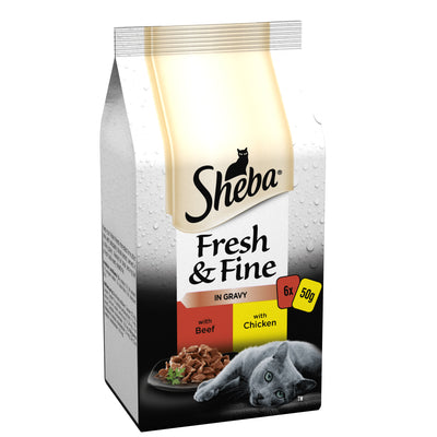 SHEBA Fresh & Fine Wet Cat Food Pouch Beef & Chicken in Gravy 6 x 50g