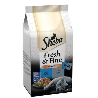 SHEBA Fresh & Fine Wet Cat Food Pouch Tuna & Cod in Gravy 6 x 50g