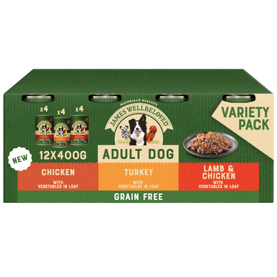 James Wellbeloved Grain Free Adult Wet Dog Food Tins Turkey Lamb & Chicken in Loaf 12 x 400g