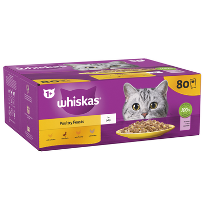 WHISKAS 1+ Poultry Feasts Adult Wet Cat Food Pouch in Jelly 80 x 85g