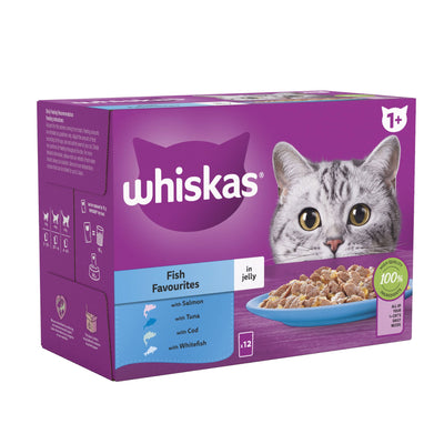 WHISKAS 1+ Fish Favourites Adult Wet Cat Food Pouch in Jelly 12 x 85g