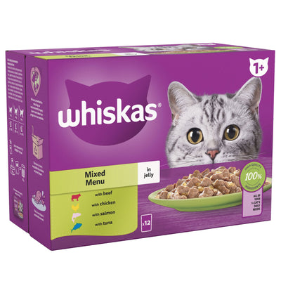 WHISKAS 1+ Mixed Menu Adult Wet Cat Food Pouch in Jelly 12 x 85g