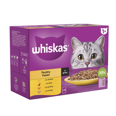 WHISKAS 1+ Poultry Feasts Adult Wet Cat Food Pouch in Gravy 12 x 85g