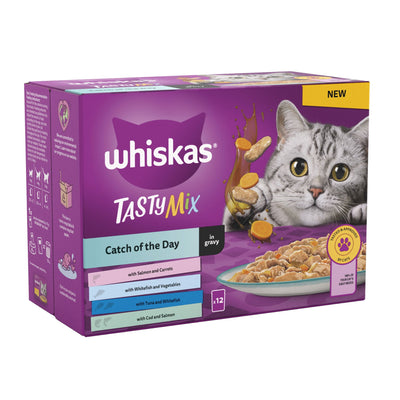 WHISKAS 1+ Catch of the Day Mix Adult Wet Cat Food Pouch in Gravy 12x85g
