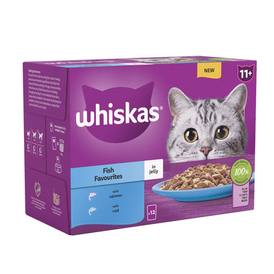 WHISKAS 11+ Fish Favourites Senior Wet Cat Food Pouch in Jelly 12 x 85g