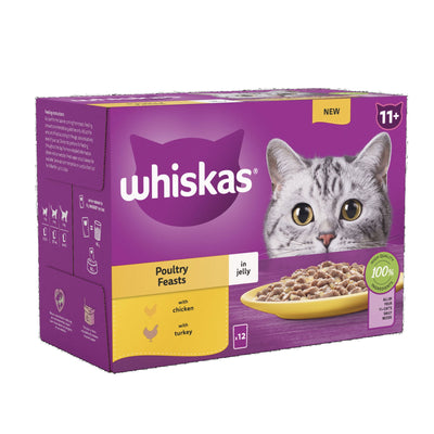 WHISKAS 11+ Poultry Feasts Senior Wet Cat Food Pouch in Jelly 12 x 85g