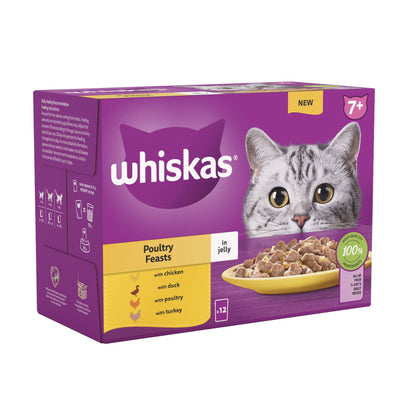 WHISKAS 7+ Poultry Feasts Senior Wet Cat Food Pouch in Jelly 12 x 85g