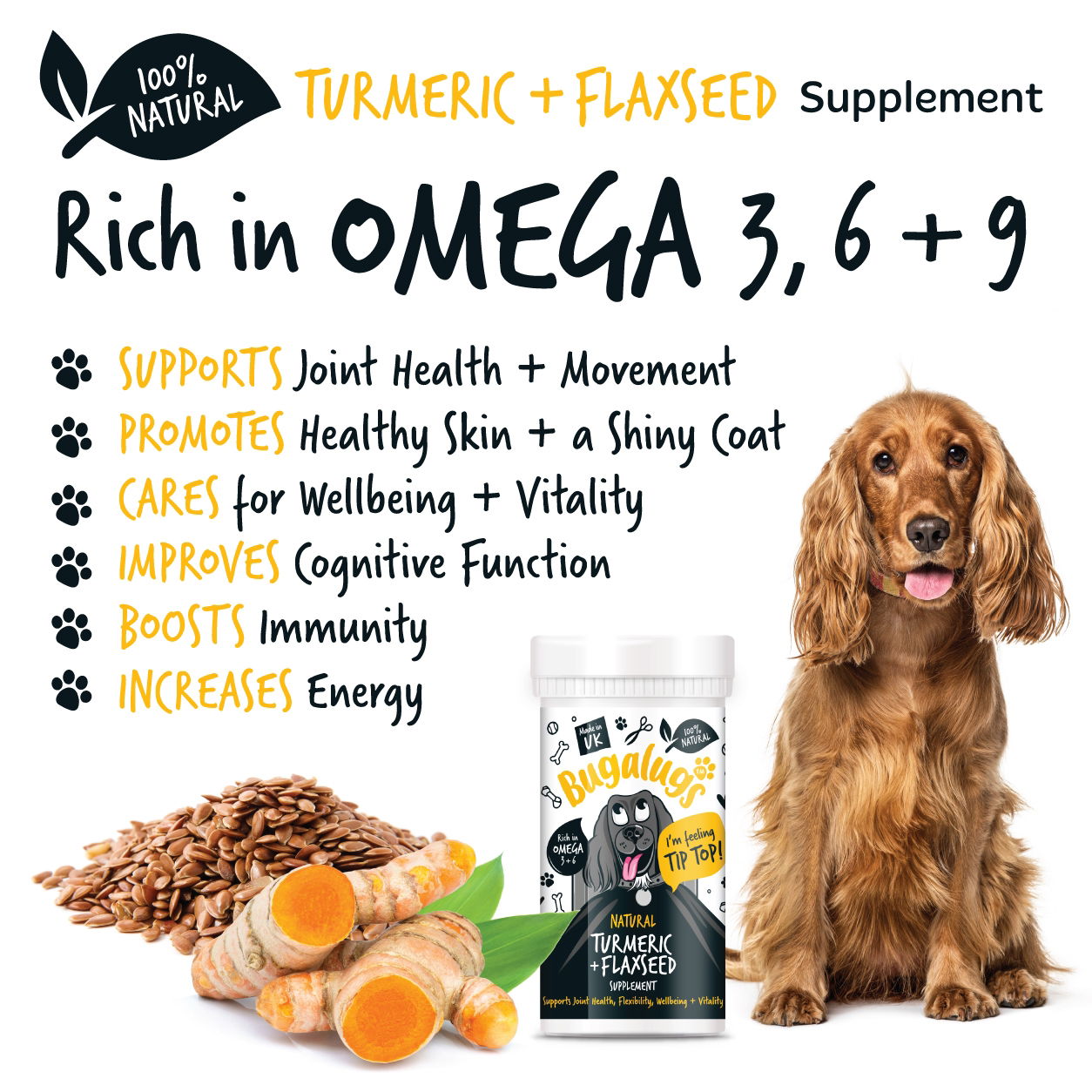 Turmeric & Flaxseed Supplement 70g Pot with spoon
