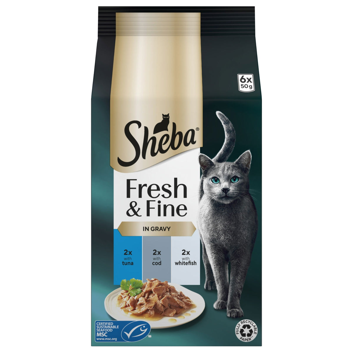 SHEBA Fresh & Fine Cat Pouches with Tuna & Cod & Whitefish in Gravy 6x ...