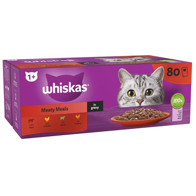 WHISKAS 1+ Cat Pouches Meaty Meals in Gravy 80x85g