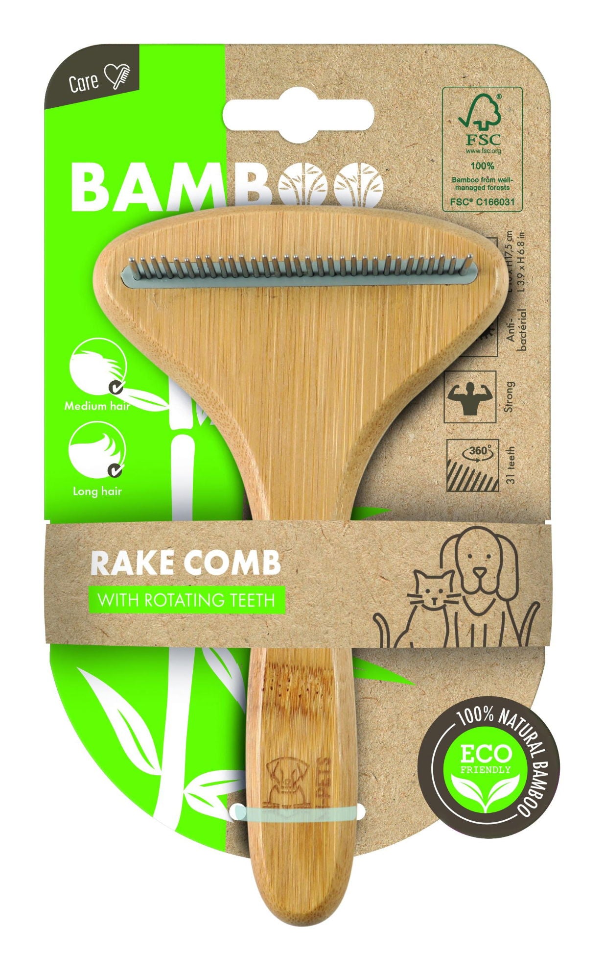 M-PETS Bamboo Rake Comb With Rotating Teeth