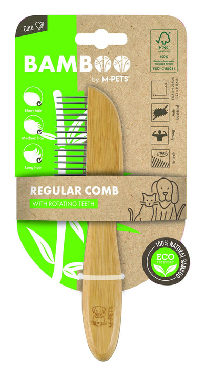 M-PETS Bamboo Regular Comb With Rotating Teeth - 16 Teeth